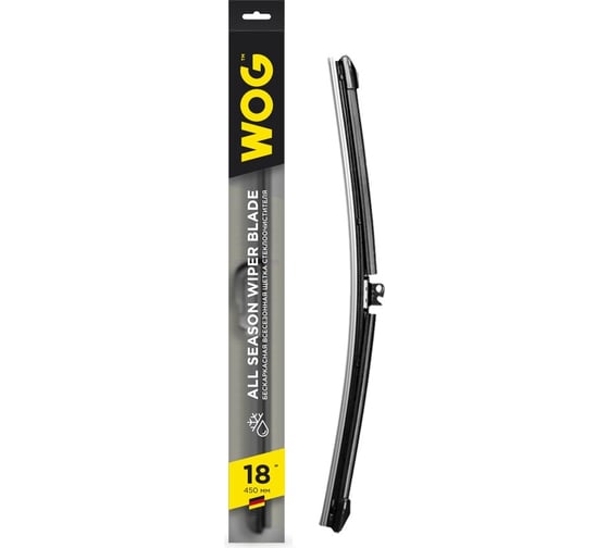 Изображение товара Щетка стеклоочистителя всесезонная бескаркасная бесшумная 18"/450 мм с адаптерами WOG WGC1404