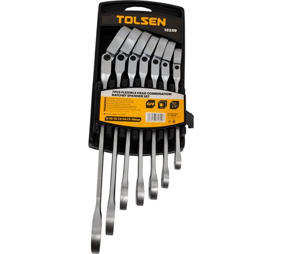 Изображение товара Набор комбинированных трещоточных ключей TOLSEN шарнирные, 7 предметов 15259
