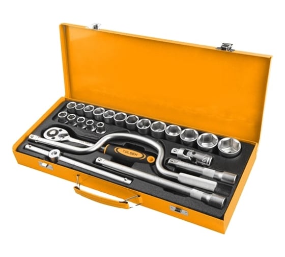 Изображение товара Набор головок с трещоткой и удлинителем TOLSEN 24 пред 1/2'' металл.кейс 15141