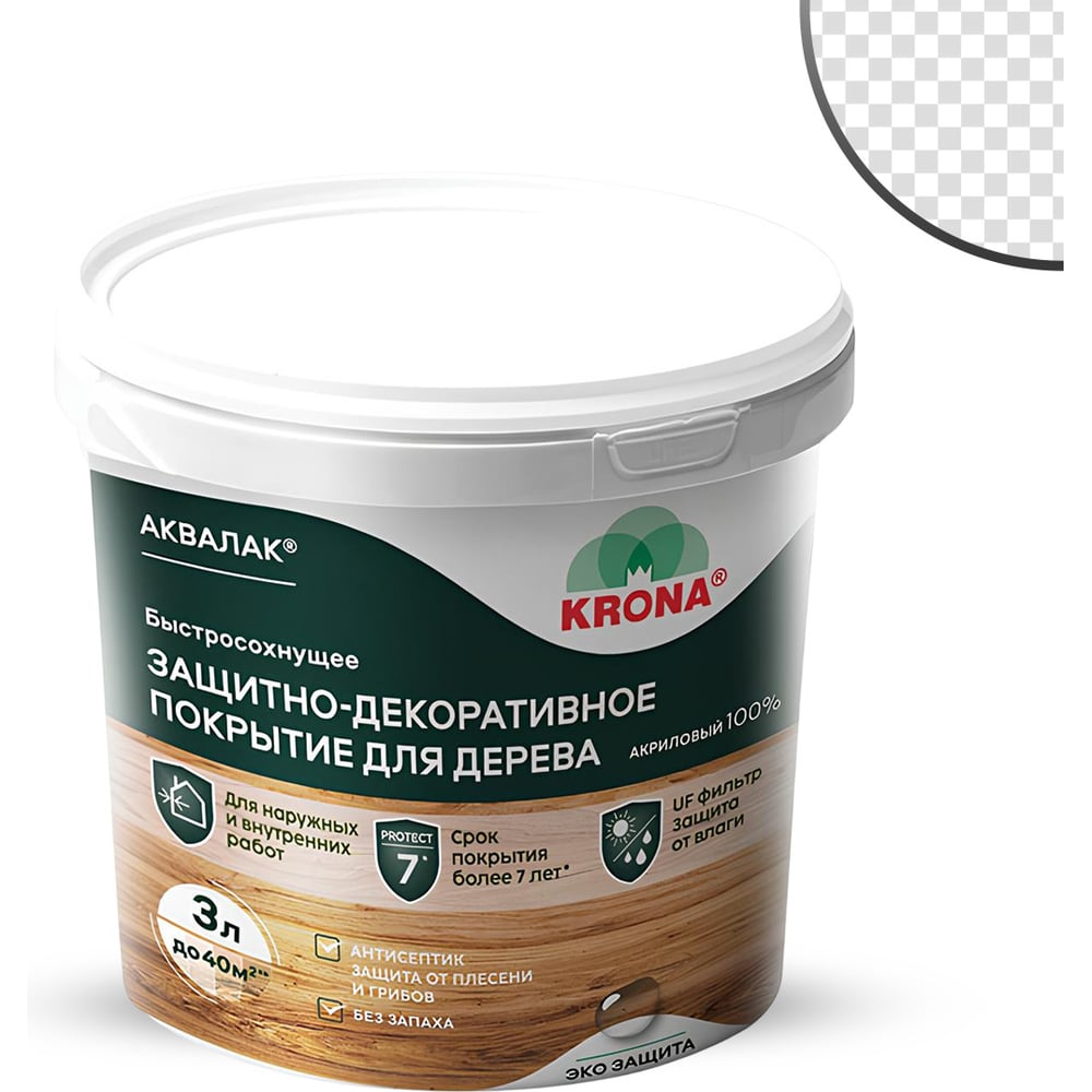 Изображение товара Бесцветный лак для дерева KRONA Аквалак 3л защитно-декоративное покрытие