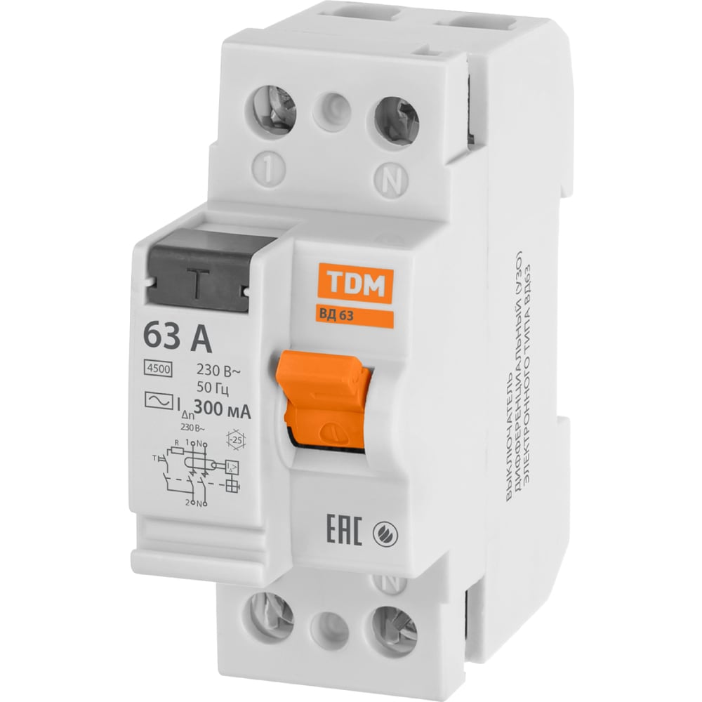 Изображение товара УЗО TDM ELECTRIC ВД63 2Р 63А 300мА электронное устройство защитного отключения
