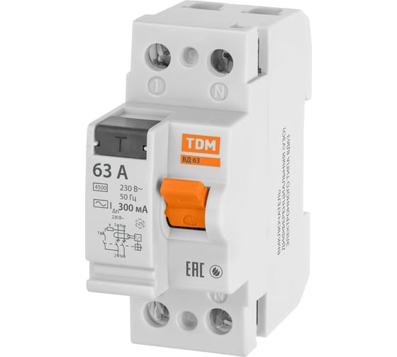 Изображение товара Устройство защитного отключения TDM ELECTRIC УЗО ВД63 2Р, 63А, 300мА, электронное SQ0220-0024