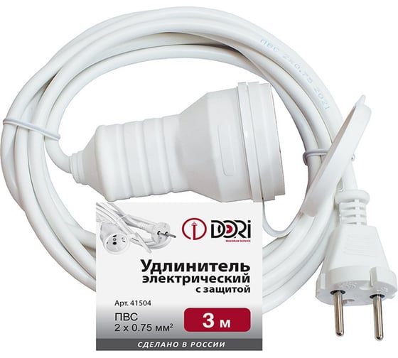 Изображение товара Удлинитель DORI электрический 3 м, ПВС 2x0,75 мм2, IP44, с защитой от влаги 41504