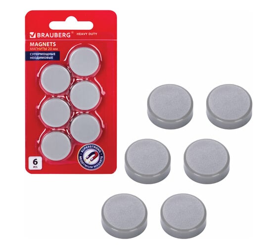 Изображение товара Супермощные неодимовые магниты BRAUBERG HEAVY DUTY малого диаметра 20 мм, набор 6 шт., серые 237485