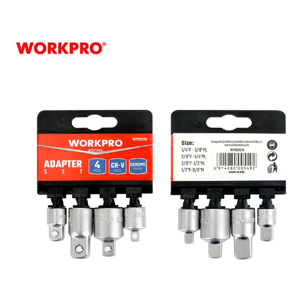 Изображение товара Набор адаптеров для торцевых головок WORKPRO (1/4-3/8, 3/8”-1/4”, 3/8”-1/2”, 1/2”-3/8”) 4шт WP202519