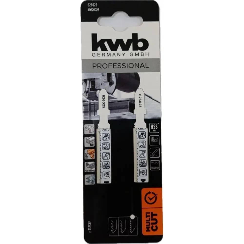 Изображение товара Пилка лобзиковая по металлу KWB HSS-BiM, шаг 1.2-2.6мм, 100мм, (T123XF), 2 шт, professional 626025 Изображение товара Пилка лобзиковая по металлу KWB HSS-BiM, шаг 1.2-2.6мм, 100мм, (T123XF), 2 шт, professional 626025