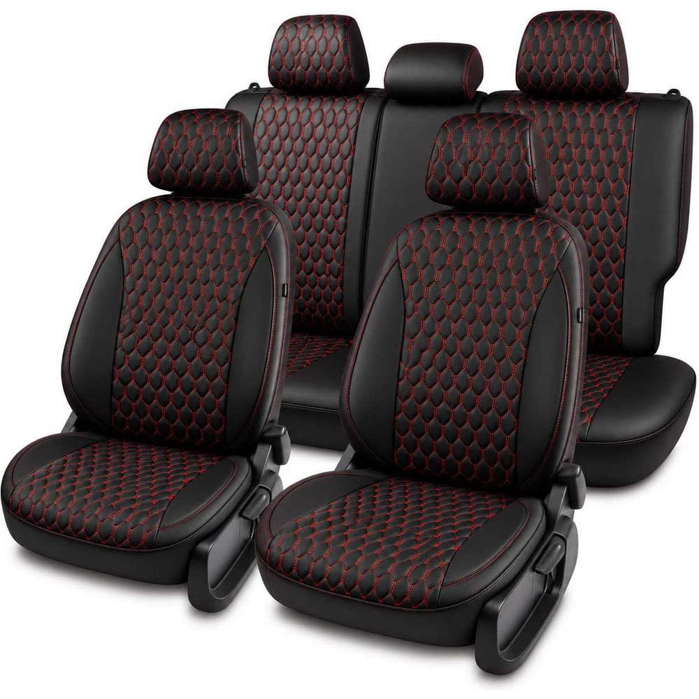 Изображение товара Чехлы для Hyundai Solaris II/Kia Rio IV 2017-2022/Solaris HS 2022-> седан PSV Статус Sota Comfort/Prestige, деленная спинка, черные, отстрочка красная 139279