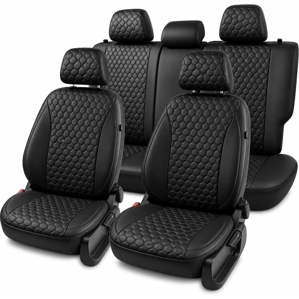 Изображение товара Чехлы для Hyundai Solaris II/Kia Rio IV 2017-2022/Solaris HS 2022-> седан PSV Статус Sota Comfort/Prestige, деленная спинка, черные, отстрочка черная 139278