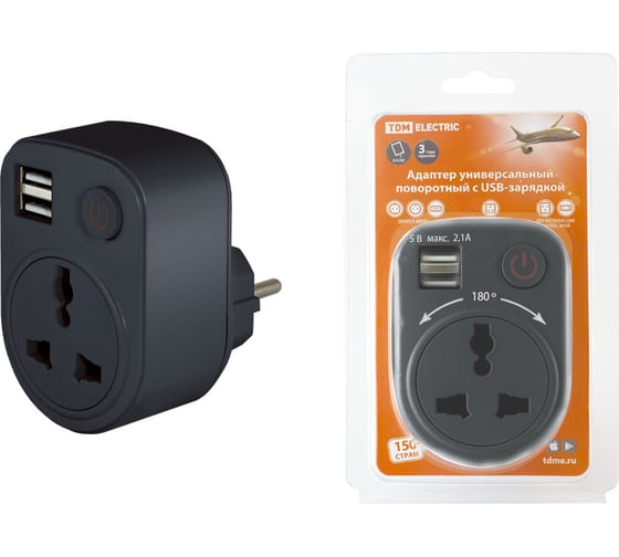 Изображение товара Тройник для розетки с USB TDM ELECTRIC поворотный 250В 16А + 2USB 2.1A SQ1806-0184