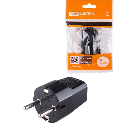 Изображение товара Прямая вилка TDM ELECTRIC с заземлением, черная, c перфорацией 10А 250В SQ1806-0198