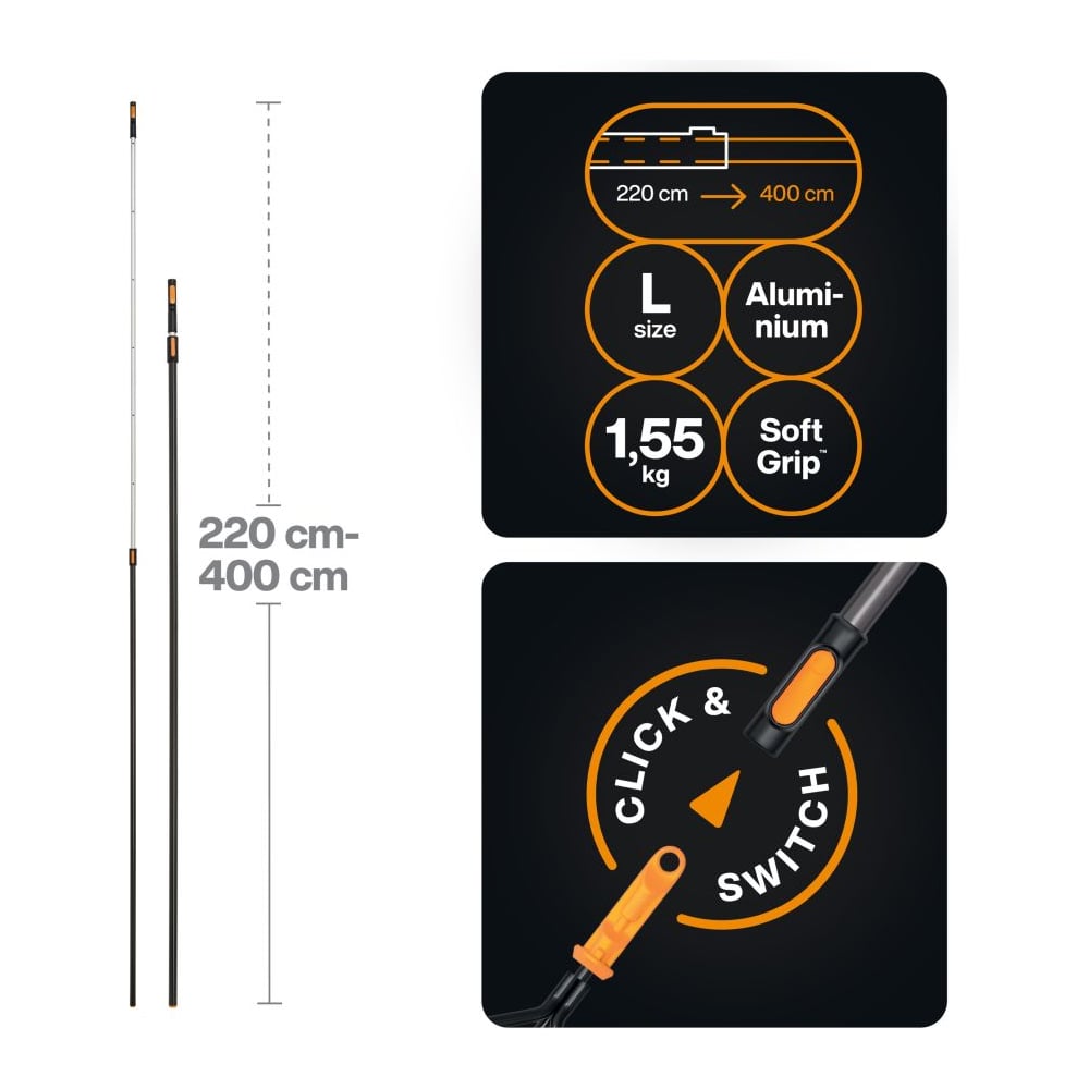 Изображение товара Черенок телескопический OneClick L 220-400 см Fiskars 1080672 ЦИ-0226951848 Изображение товара Черенок телескопический OneClick L 220-400 см Fiskars 1080672 ЦИ-0226951848