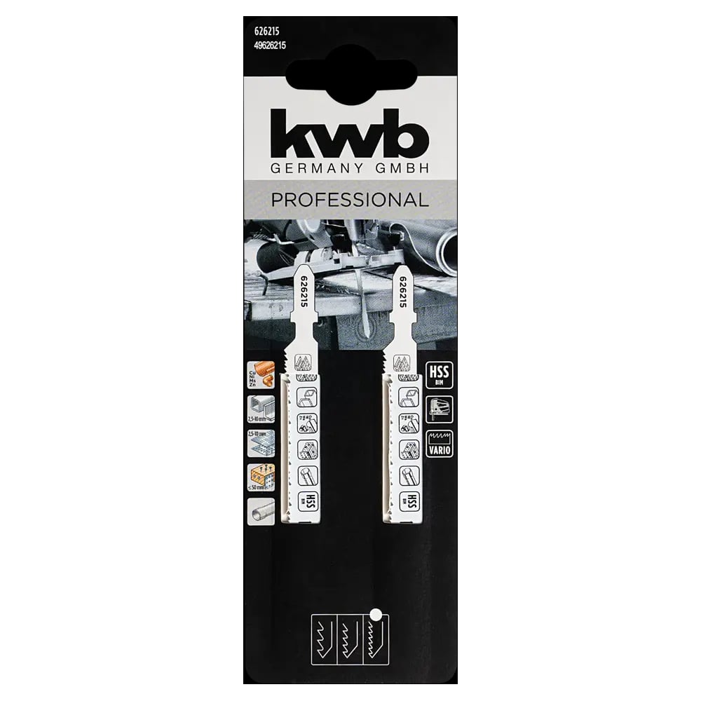 Изображение товара Пилка лобзиковая KWB HSS-BiM, по металлу, шаг 1-1.6мм, 100мм, 2 шт, professional 626215 Изображение товара Пилка лобзиковая KWB HSS-BiM, по металлу, шаг 1-1.6мм, 100мм, 2 шт, professional 626215