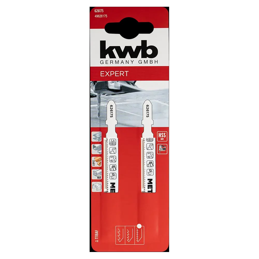 Изображение товара Пилка лобзиковая KWB HSS-BiM по металлу шаг 1-1.5мм 97мм Т118AF 2 шт 626175 Изображение товара Пилка лобзиковая KWB HSS-BiM по металлу шаг 1-1.5мм 97мм Т118AF 2 шт 626175