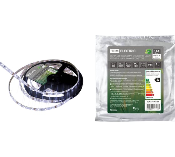 Изображение товара Светодиодная лента TDM ELECTRIC SMD5050-60 LED/м-IP65-12 В-14,4 Вт/м-6000 К (5 м) SQ0331-0320