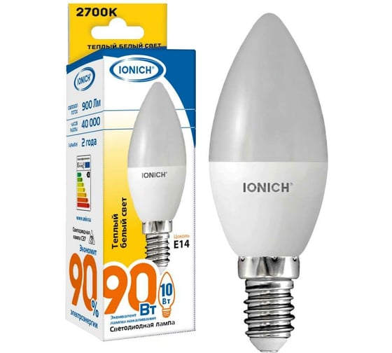 Изображение товара Светодиодная лампа IONICH Свеча ILED-SMD2835-C37-10Вт-900Лм-230В-2700К-E14 1798