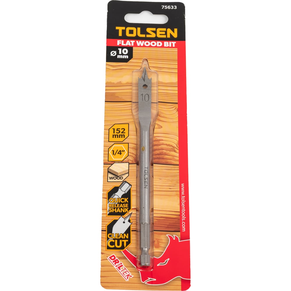 Изображение товара Сверло по дереву перьевое 10х152 мм TOLSEN 75633 для точного сверления древесины