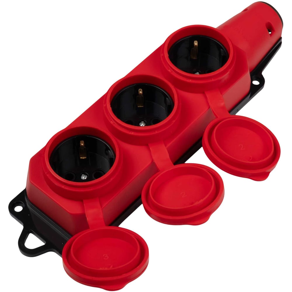 Розетка (колодка) трёхместная с защитными крышками Jazzway PRC-123-Red 16A 220В каучуковая красная 5077522