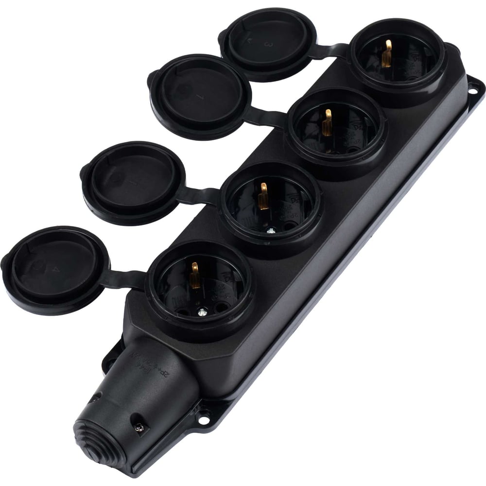 Розетка (колодка) Jazzway четырехместная с защитными крышками PRC-124-BL 16A 220В каучуковая чёрная 5077379