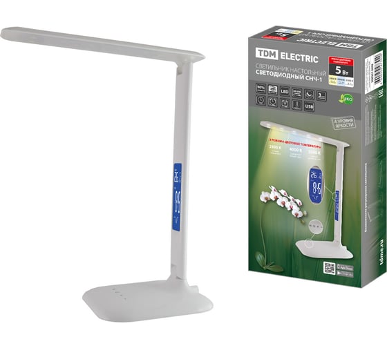 Изображение товара Светильник светодиодный-часы TDM ELECTRIC СНЧ-1, 5 Вт, календарь, термометр, 2800-5500 К, USB, белый, SQ0337-0098