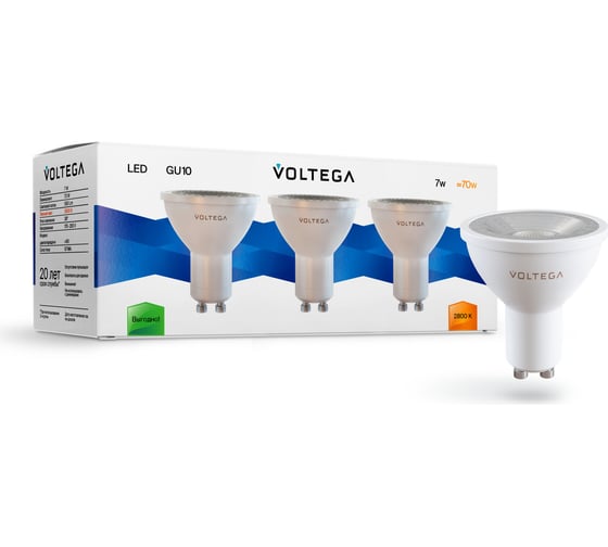 Изображение товара Светодиодная лампа VOLTEGA Софит GU10 2800K 7W угол/рассеивания 38 Комплект 3 шт 7176