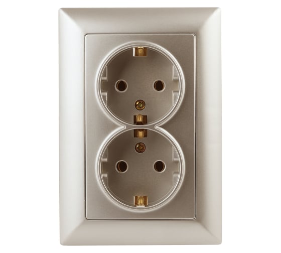 Изображение товара Розетка Intro Solo с заземлением двойная 2x2P+E Schuko, 16А-250В, IP20, СУ, шампань, Б0053676