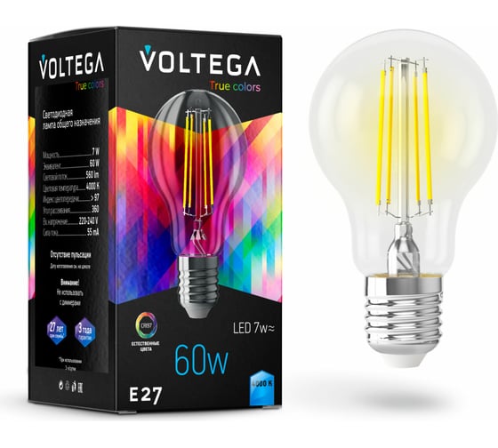 Изображение товара Филаментная лампа VOLTEGA ЛОН Е27 4000К 7W CRI97 7155