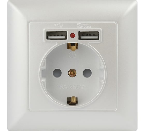 Изображение товара Розетка Intro Solo с заземл P+E Schuko со шторками, 16А-250В + 2хUSB, IP20, СУ, перламутр, Б0053718