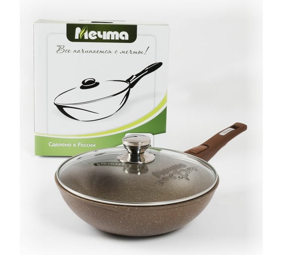 Изображение товара Сковорода ВОК Мечта АП Гранит brown 28 см, со съемной ручкой и стеклянной крышкой с078806