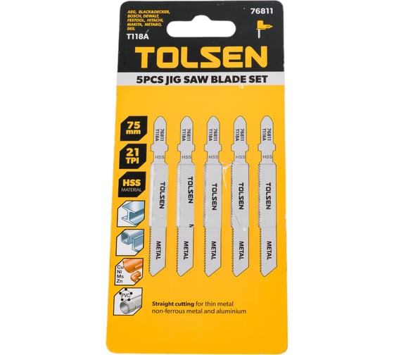 Изображение товара Полотна по металлу Т118А 5 шт, HSS, 75 мм для электролобзика TOLSEN 76811