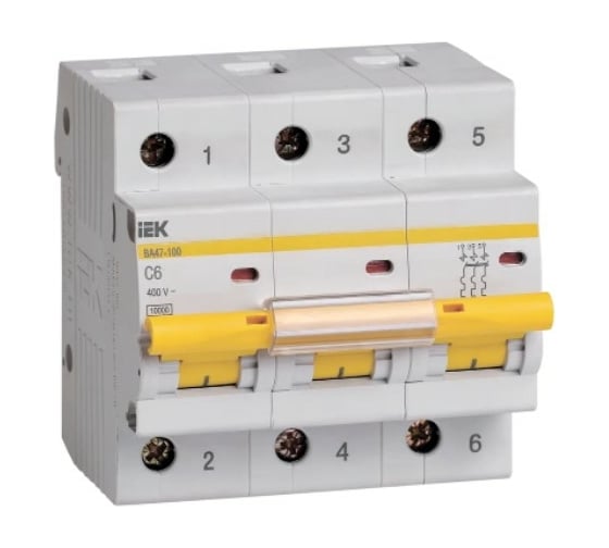 Изображение товара Автоматический выключатель IEK ВА47-100 3P 6А 10кА х-ка C MVA40-3-006-C