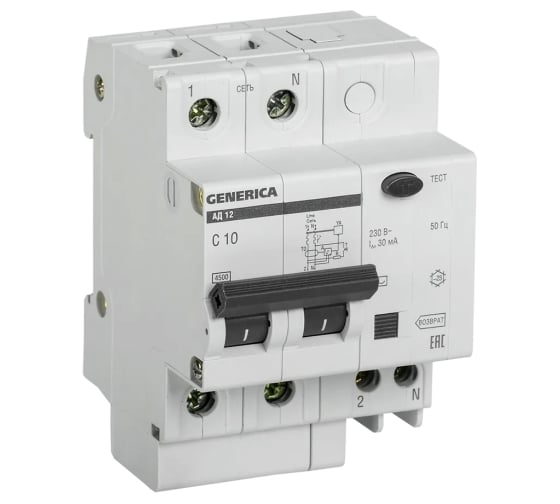 Изображение товара Дифференциальный автомат GENERICA АД12 2Р 10А 30мА MAD15-2-010-C-030