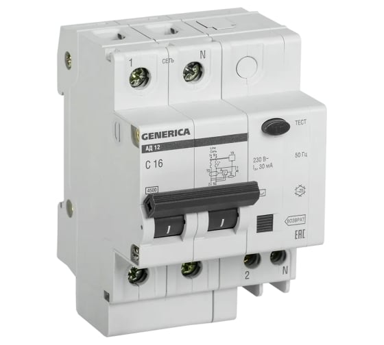 Изображение товара Дифференциальный автомат GENERICA АД12 2Р 16А 30мА MAD15-2-016-C-030