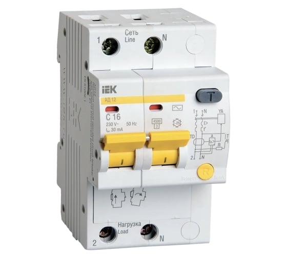 Изображение товара Дифференциальный автомат IEK АД12 2Р B16 30мА ИЭК MAD10-2-016-B-030