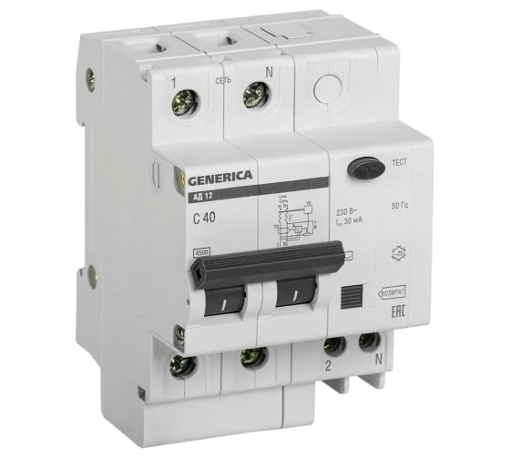 Изображение товара Дифференциальный автомат GENERICA АД12 2Р 40А 30мА MAD15-2-040-C-030