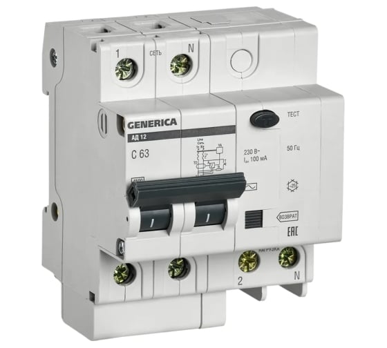 Изображение товара Дифференциальный автомат GENERICA АД12 2Р 63А 100мА MAD15-2-063-C-100