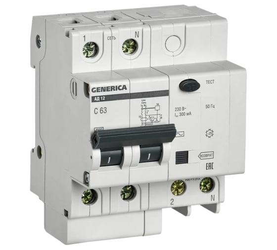 Изображение товара Дифференциальный автомат GENERICA АД12 2Р 63А 300мА MAD15-2-063-C-300