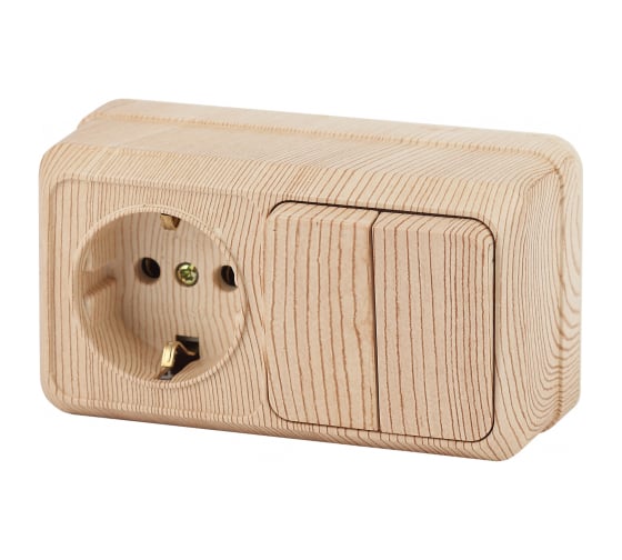 Изображение товара Блок: розетка с 2-ым выключателем Intro Quadro горизонтальный 16А-250В, IP20, открытая установка, сосна, Б0053880