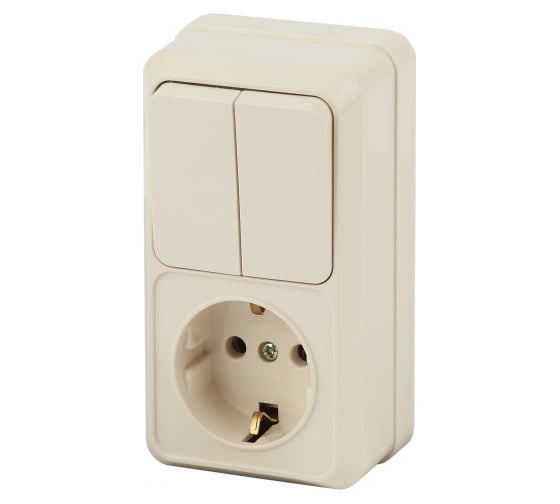 Изображение товара Блок: розетка с 2-ым выключателем Intro Quadro вертикальный 16А-250В, IP20, открытая установка, слоновая кость, Б0053893