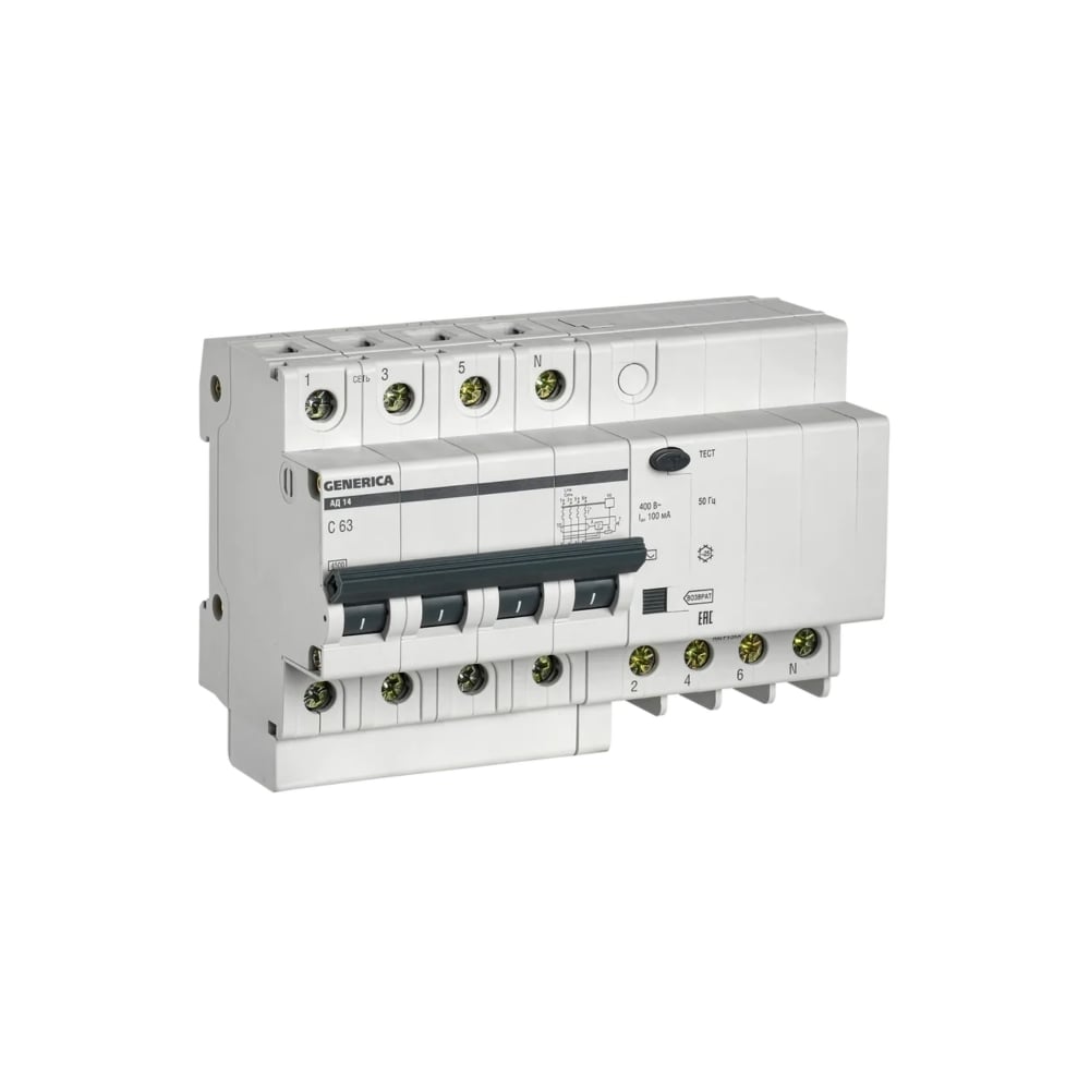 Изображение товара Дифференциальный автомат GENERICA АД14 4Р 63А 100мА MAD15-4-063-C-100