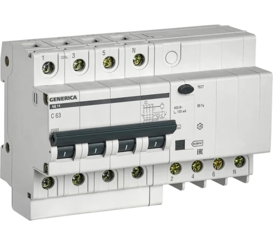 Изображение товара Дифференциальный автомат GENERICA АД14 4Р 63А 100мА MAD15-4-063-C-100