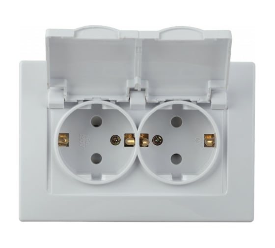 Изображение товара Двойная розетка Intro Plano с заземлением 2x2P+E Schuko с крышкой и шторками, 16А-250В, IP44, белый, Б0053934