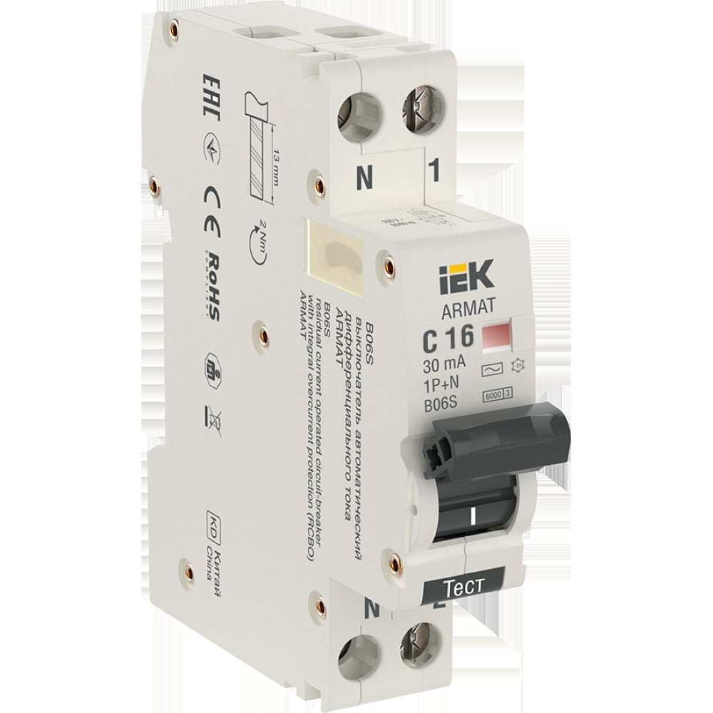 Изображение товара Автоматический выключатель дифференциального тока IEK ARMAT B06S 1P+NP C16 30мА тип AC