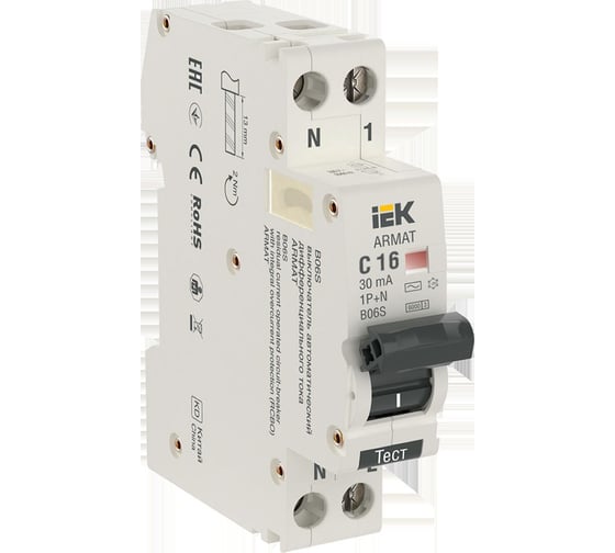 Изображение товара Автоматический выключатель дифференциального тока IEK ARMAT B06S 1P+NP C16 30мА тип AC (18мм) AR-B06S-1N-C16C030