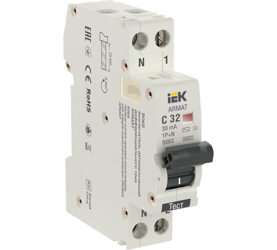 Изображение товара Автоматический выключатель дифференциального тока IEK ARMAT B06S 1P+NP C32 30мА тип AC (18мм) AR-B06S-1N-C32C030
