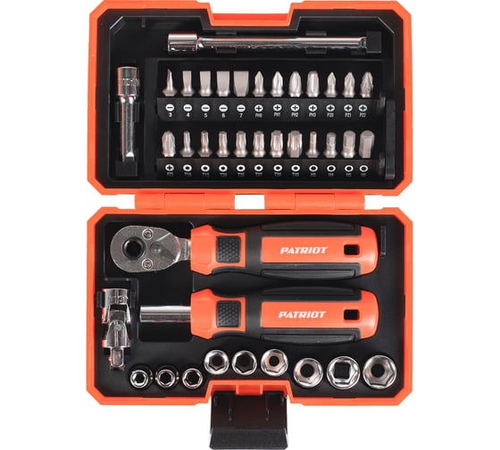 Изображение товара Набор инструментов PATRIOT SPS-38 трещотка с торцевыми головками, отвертка-битодержатель с битами 350003305
