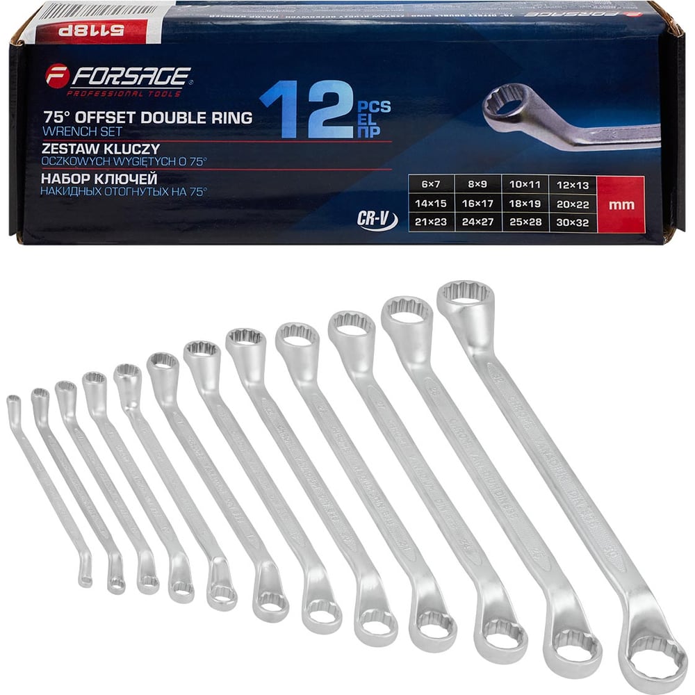 Изображение товара Набор ключей накидных отогнутых 75 градусов 11 предметов Forsage F-5118P