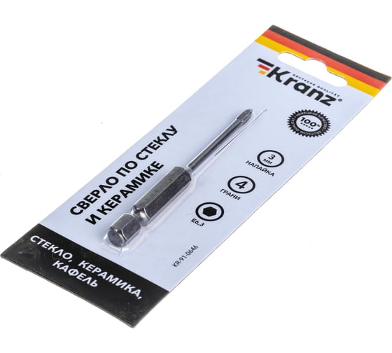 Изображение товара Сверло по стеклу и керамике 3 мм, 4 грани, шестигранный хвостовик KRANZ KR-91-0646