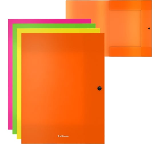 Изображение товара Папка ErichKrause Matt Neon на кнопке, пластиковая, с 3 клапанами, 8 мм, A4, ассорти, в пакете по 4 шт 50411