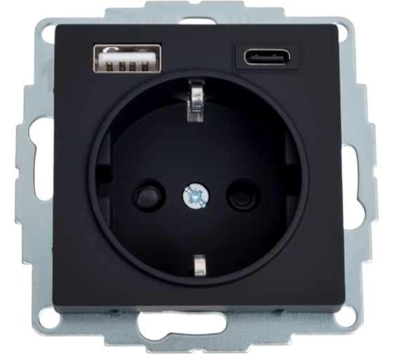 Изображение товара Розетка Systeme Electric (Schneider Electric) ATLASDESIGN 16А c 2 USB A+С, 5В/2,4А/3,0А, 2x5В/1,5А, механизм, карбон ATN001032
