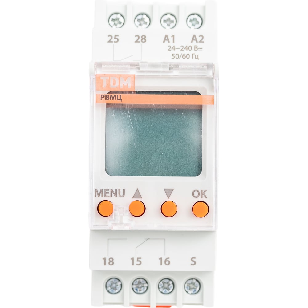 Реле времени TDM ELECTRIC РВМЦ-1с/100час-2х8А-24/230В-DIN (многофункциональное цифровое, 24 режима, 1с-100час, 24-230В АС/DC) SQ1503-0026